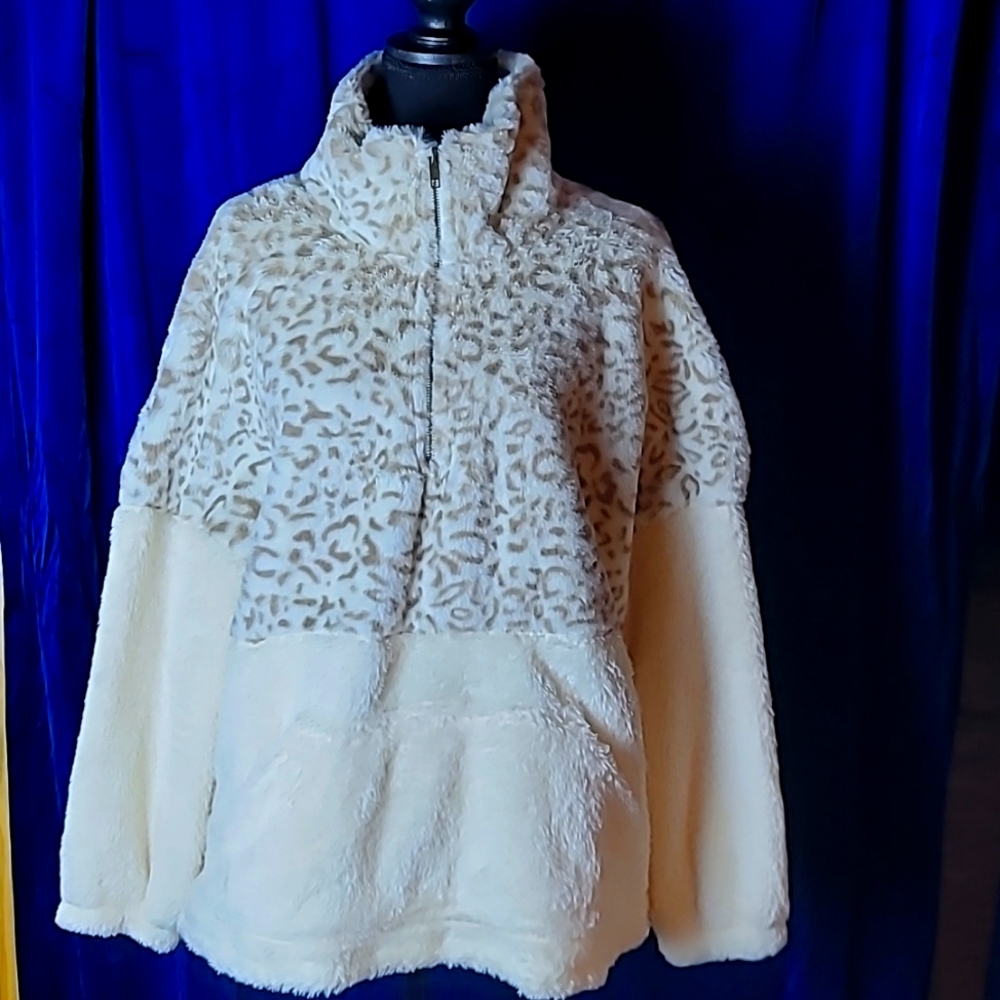 Cream Leopard Print Fleece Half Zip Pullover